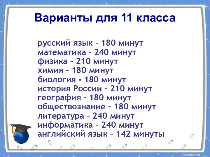 Варианты для 11 класса русский язык – 180 минут математика –