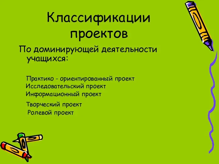 Классификации проектов По доминирующей деятельности учащихся: Практико - ориентированный проект Исследовательский