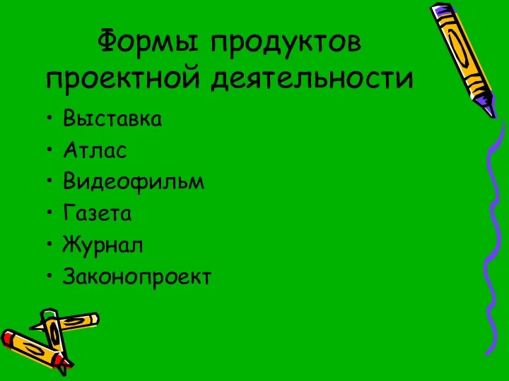 Формы продуктов проектной деятельности Выставка Атлас Видеофильм Газета Журнал Законопроект