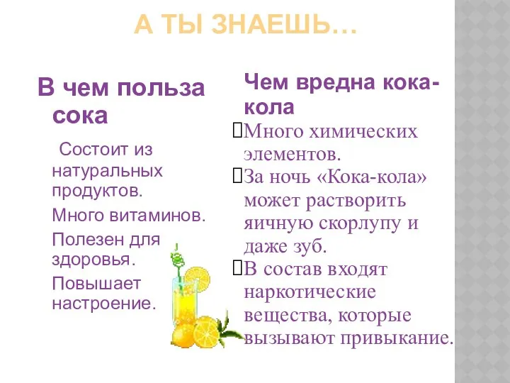 А ТЫ ЗНАЕШЬ… В чем польза сока Состоит из натуральных продуктов.