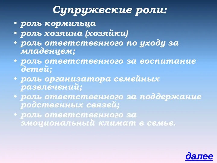 Супружеские роли: роль кормильца роль хозяина (хозяйки) роль ответственного по уходу