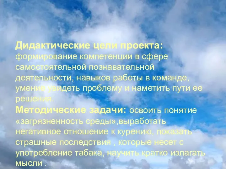 Дидактические цели проекта: формирование компетенции в сфере самостоятельной познавательной деятельности, навыков