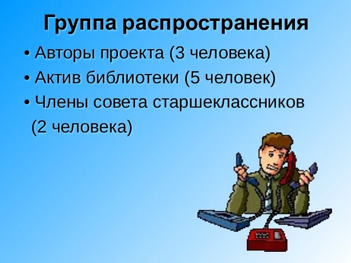 Группа распространения Авторы проекта (3 человека) Актив библиотеки (5 человек) Члены совета старшеклассников (2 человека)