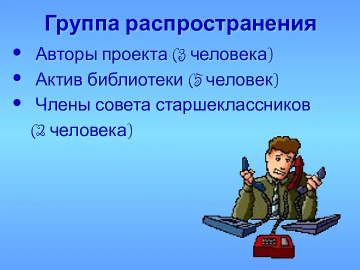 Группа распространения Авторы проекта (3 человека) Актив библиотеки (5 человек) Члены совета старшеклассников (2 человека)