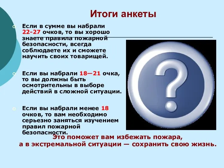 Итоги анкеты Если в сумме вы набрали 22-27 очков, то вы