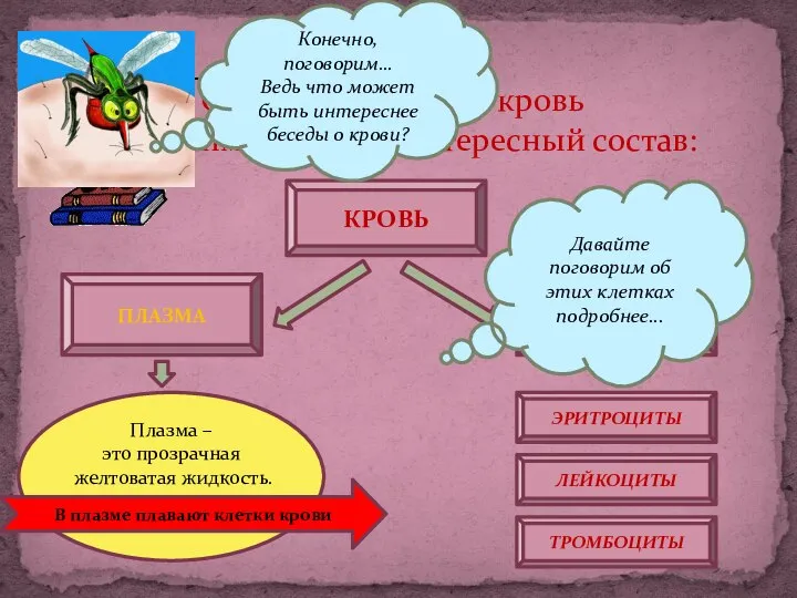 ПЛАЗМА Оказывается, наша кровь имеет очень интересный состав: КРОВЬ ЭРИТРОЦИТЫ ЛЕЙКОЦИТЫ