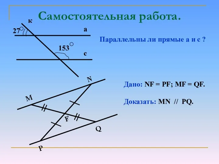 Самостоятельная работа. Параллельны ли прямые а и с ? Дано: NF