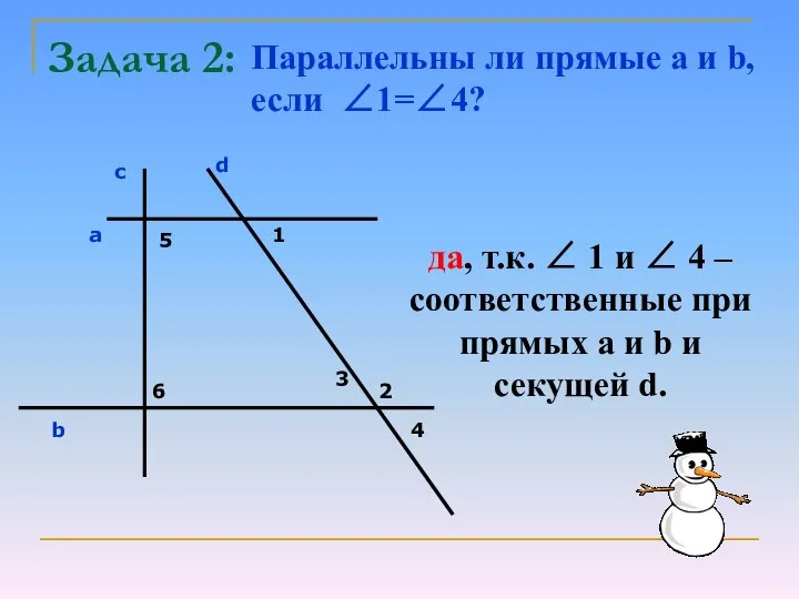 Задача 2: Параллельны ли прямые a и b, если ∠1=∠4? да,