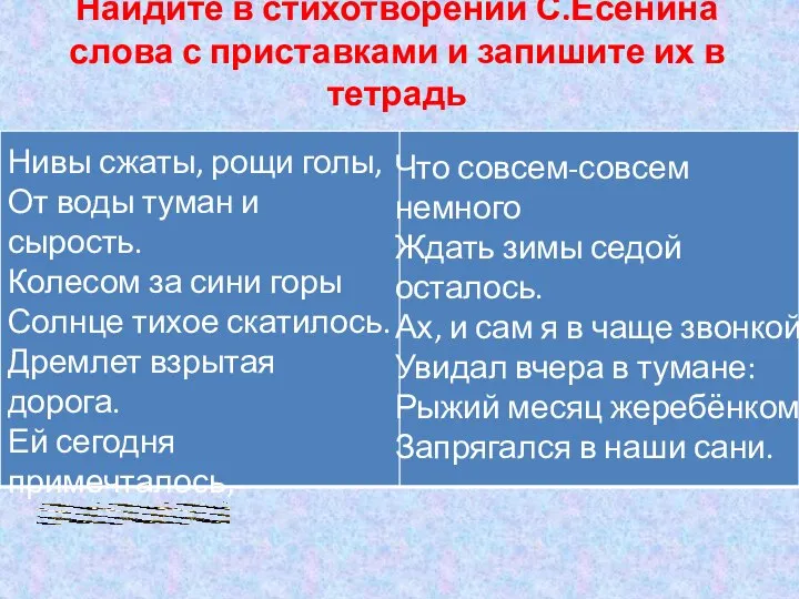 Найдите в стихотворении С.Есенина слова с приставками и запишите их в