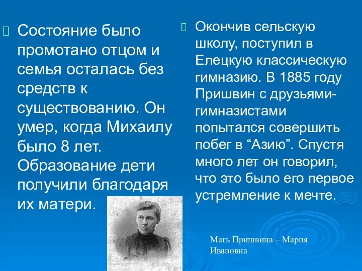 Состояние было промотано отцом и семья осталась без средств к существованию.