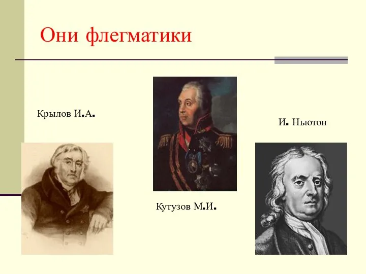 Они флегматики Кутузов М.И. Крылов И.А. И. Ньютон