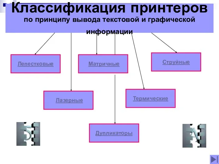 Классификация принтеров по принципу вывода текстовой и графической информации Лепестковые Матричные Струйные Лазерные Термические Дупликаторы