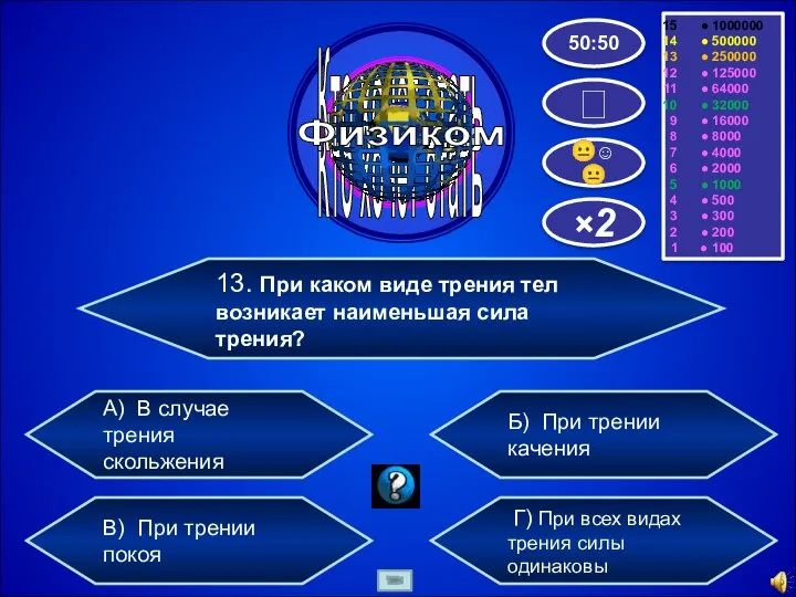 13. При каком виде трения тел возникает наименьшая сила трения? А)