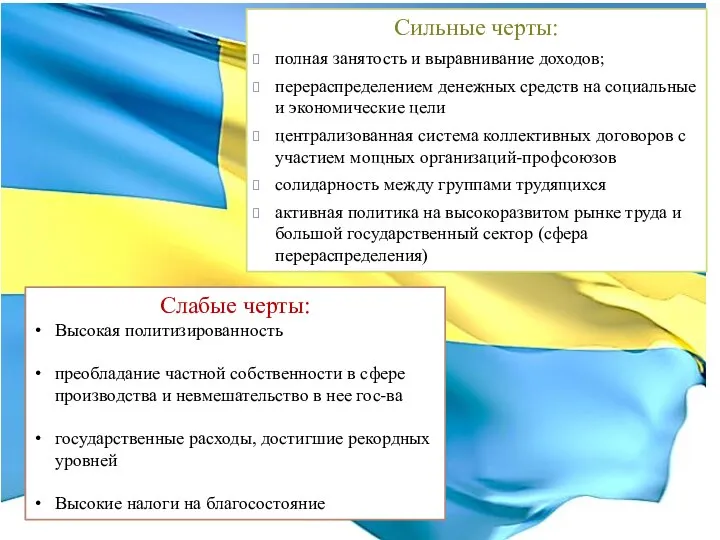 Сильные черты: полная занятость и выравнивание доходов; перераспределением денежных средств на