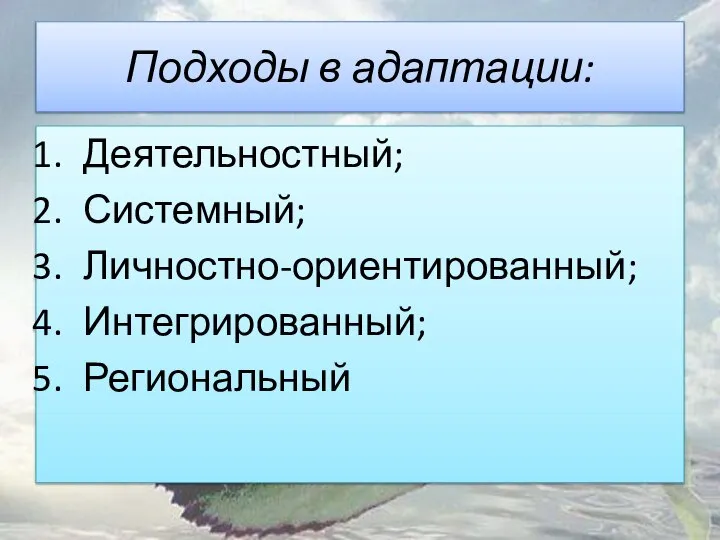 Подходы в адаптации: Деятельностный; Системный; Личностно-ориентированный; Интегрированный; Региональный