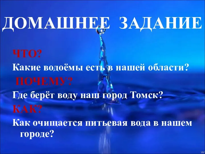 ДОМАШНЕЕ ЗАДАНИЕ ЧТО? Какие водоёмы есть в нашей области? ПОЧЕМУ? Где