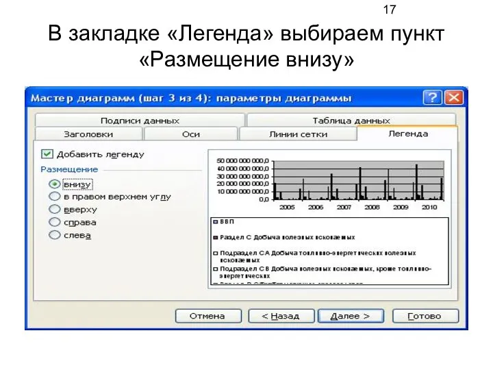 В закладке «Легенда» выбираем пункт «Размещение внизу»