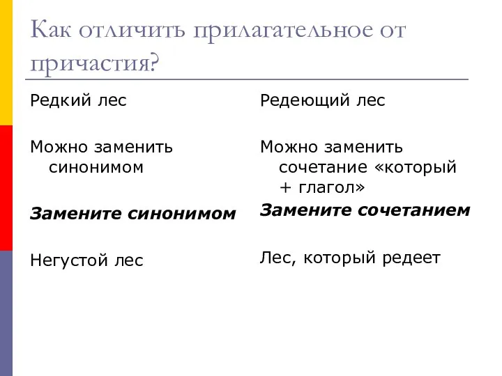 Как отличить прилагательное от причастия? Редкий лес Можно заменить синонимом Замените