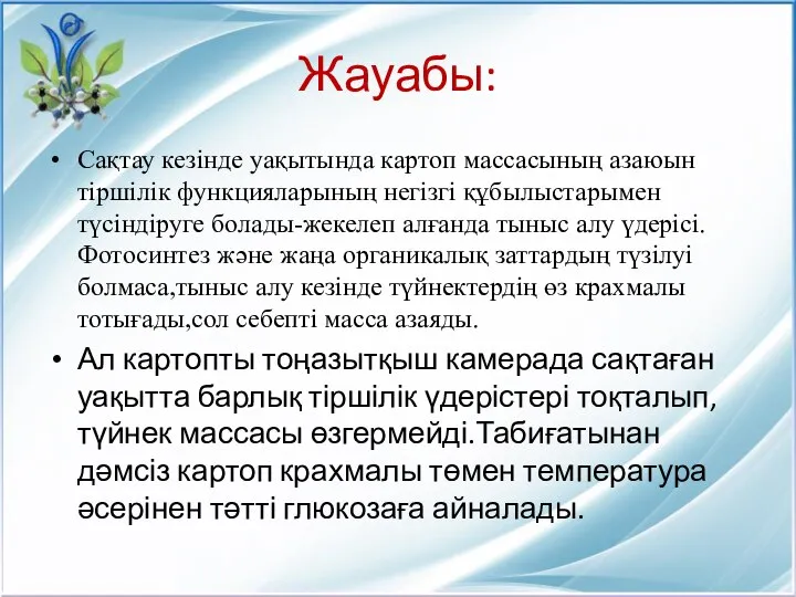 Жауабы: Сақтау кезінде уақытында картоп массасының азаюын тіршілік функцияларының негізгі құбылыстарымен