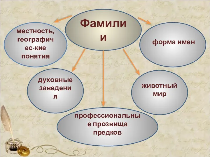 Фамилии форма имен местность, географичес-кие понятия профессиональные прозвища предков духовные заведения животный мир