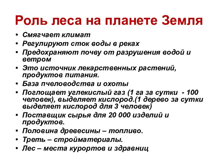 Роль леса на планете Земля Смягчает климат Регулируют сток воды в