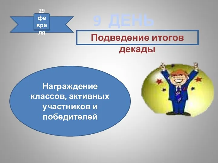 9 ДЕНЬ Подведение итогов декады 29 февраля Награждение классов, активных участников и победителей