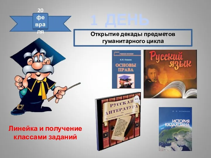 1 ДЕНЬ Открытие декады предметов гуманитарного цикла 20 февраля Линейка и получение классами заданий