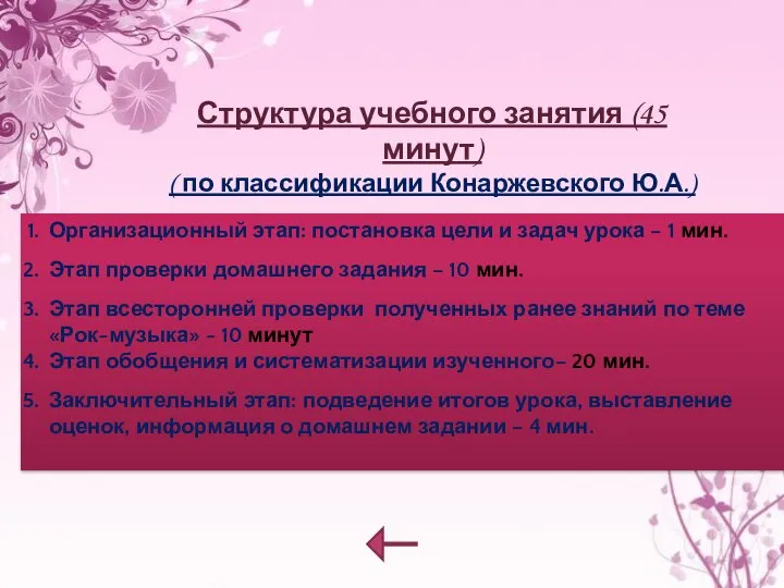 Структура учебного занятия (45 минут) ( по классификации Конаржевского Ю.А.) Организационный