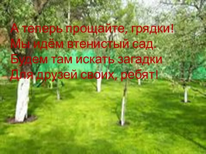 А теперь прощайте, грядки! Мы идём втенистый сад. Будем там искать загадки Для друзей своих, ребят!