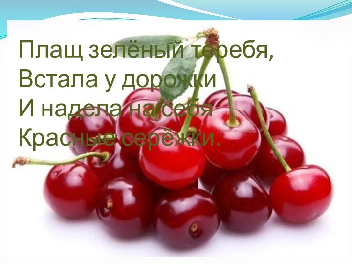 Плащ зелёный теребя, Встала у дорожки И надела на себя Красные серёжки.