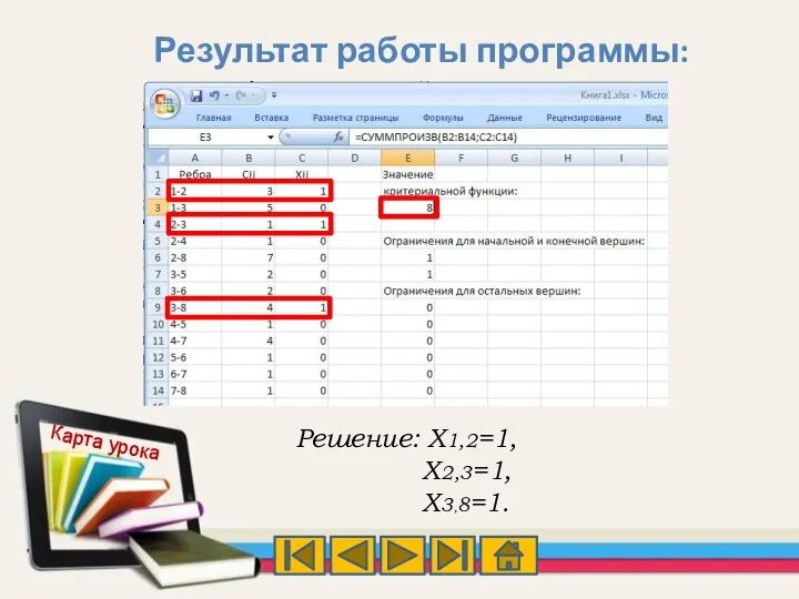 Результат работы программы: Решение: X1,2=1, X2,3=1, X3,8=1. Карта урока