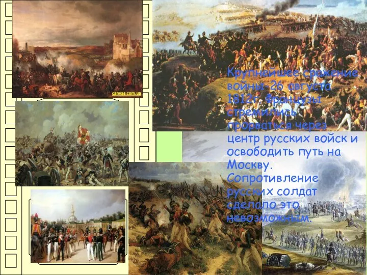 Бородино Крупнейшее сражение войны-26 августа 1812г. Французы стремились прорваться через центр