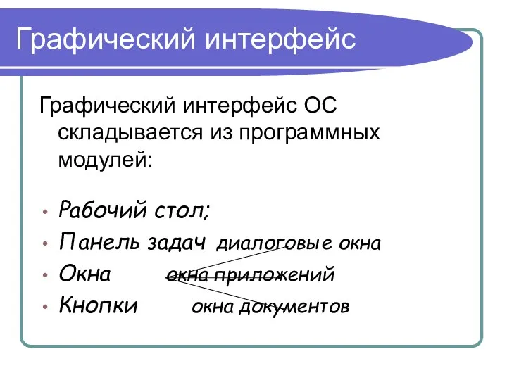 Графический интерфейс Графический интерфейс ОС складывается из программных модулей: Рабочий стол;