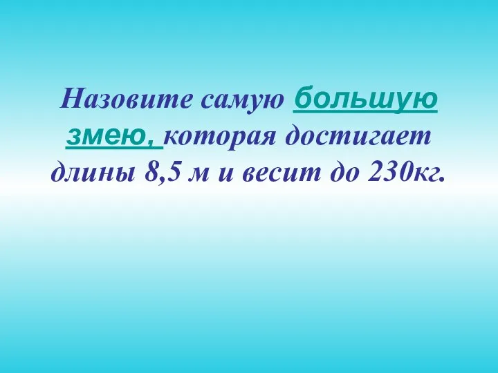 Назовите самую большую змею, которая достигает длины 8,5 м и весит до 230кг.