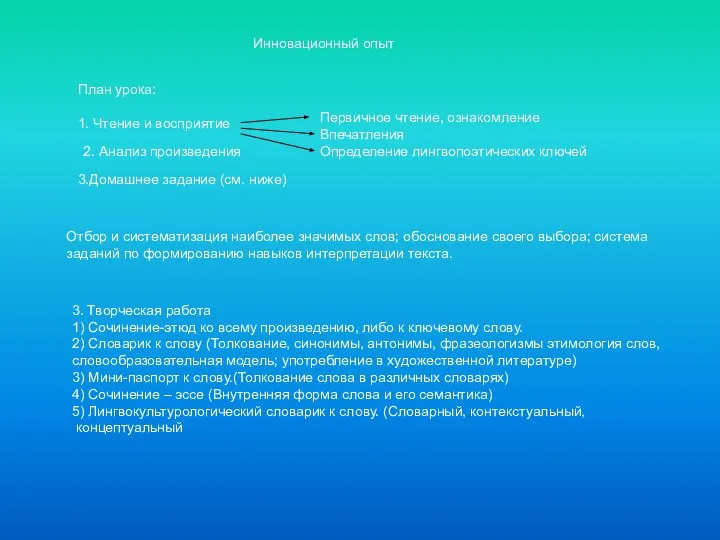 Инновационный опыт План урока: 1. Чтение и восприятие 2. Анализ произведения