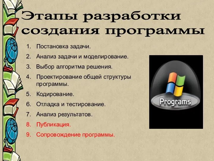 Постановка задачи. Анализ задачи и моделирование. Выбор алгоритма решения. Проектирование общей