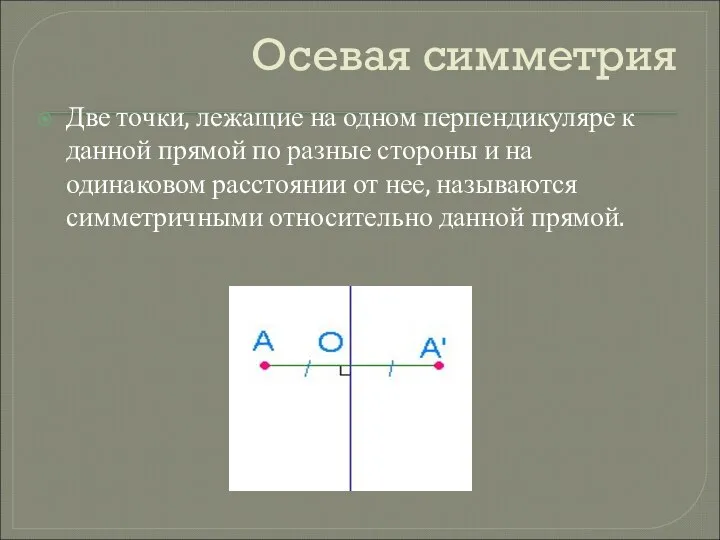 Осевая симметрия Две точки, лежащие на одном перпендикуляре к данной прямой