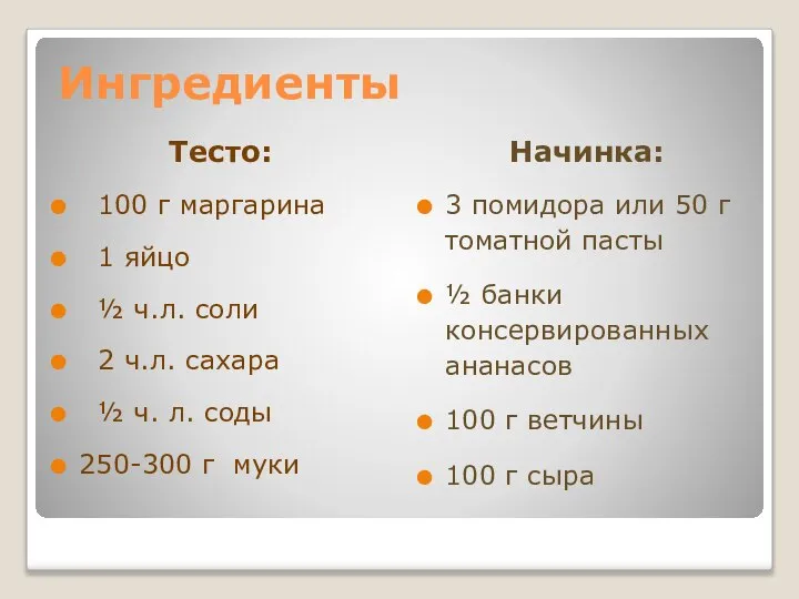 Ингредиенты Тесто: 100 г маргарина 1 яйцо ½ ч.л. соли 2