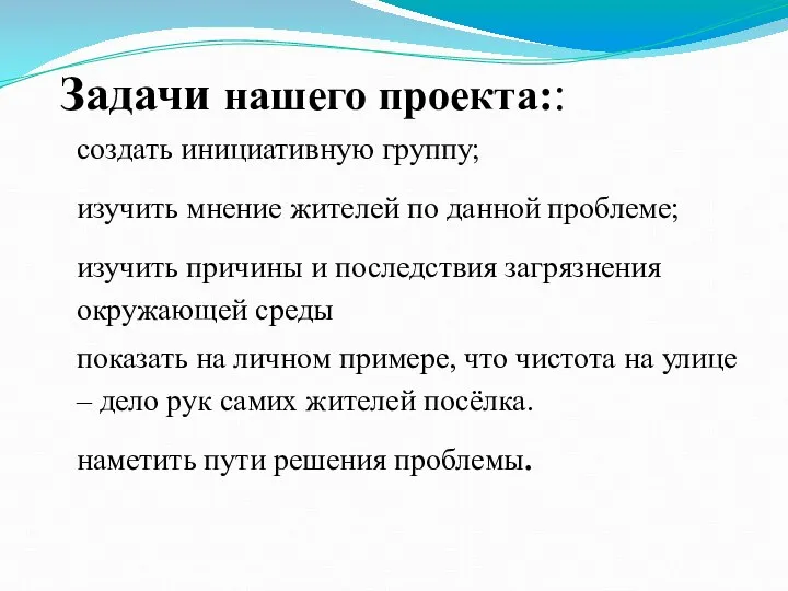 создать инициативную группу; изучить мнение жителей по данной проблеме; изучить причины