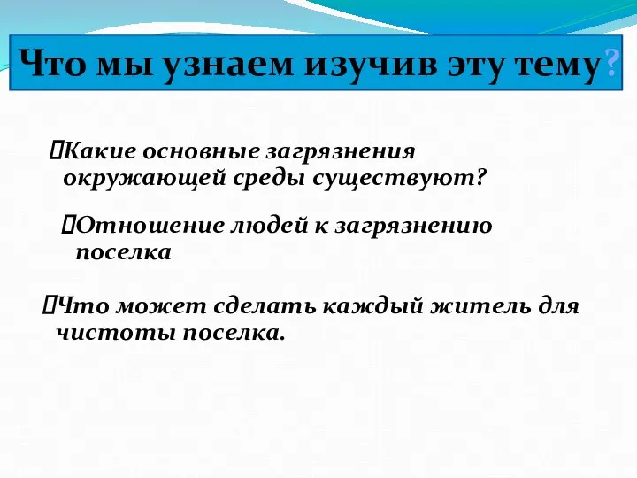 Какие основные загрязнения окружающей среды существуют? Отношение людей к загрязнению поселка