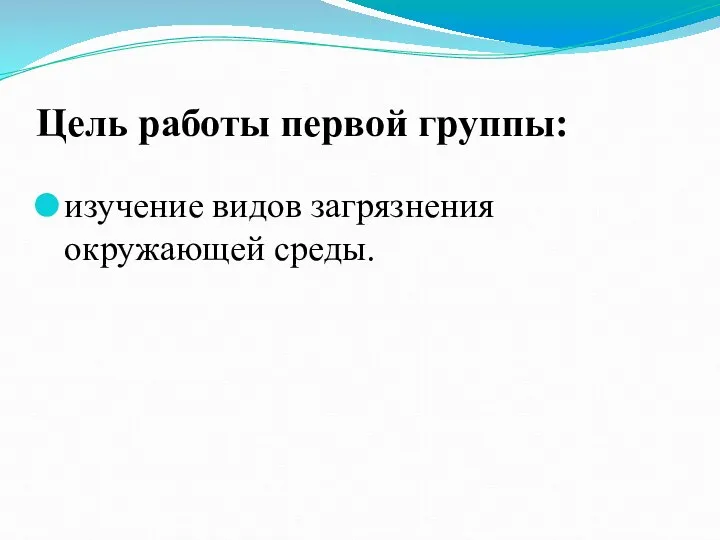 Цель работы первой группы: изучение видов загрязнения окружающей среды.