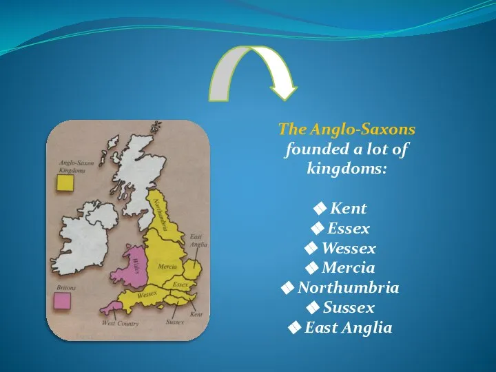 The Anglo-Saxons founded a lot of kingdoms: Kent Essex Wessex Mercia Northumbria Sussex East Anglia