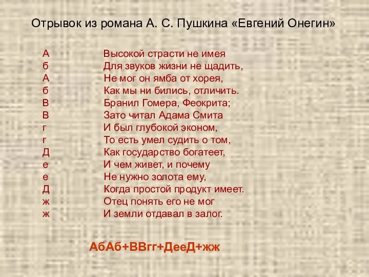 Отрывок из романа А. С. Пушкина «Евгений Онегин» АбАб+ВВгг+ДееД+жж Высокой страсти