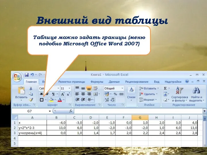 Внешний вид таблицы Таблице можно задать границы (меню подобно Microsoft Office Word 2007)