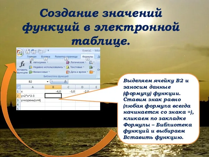 Создание значений функций в электронной таблице. Выделяем ячейку В2 и заносим
