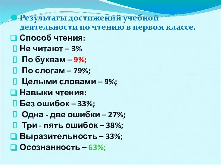 Результаты достижений учебной деятельности по чтению в первом классе. Способ чтения: