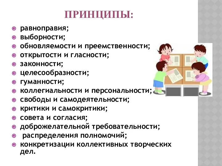 Принципы: равноправия; выборности; обновляемости и преемственности; открытости и гласности; законности; целесообразности;