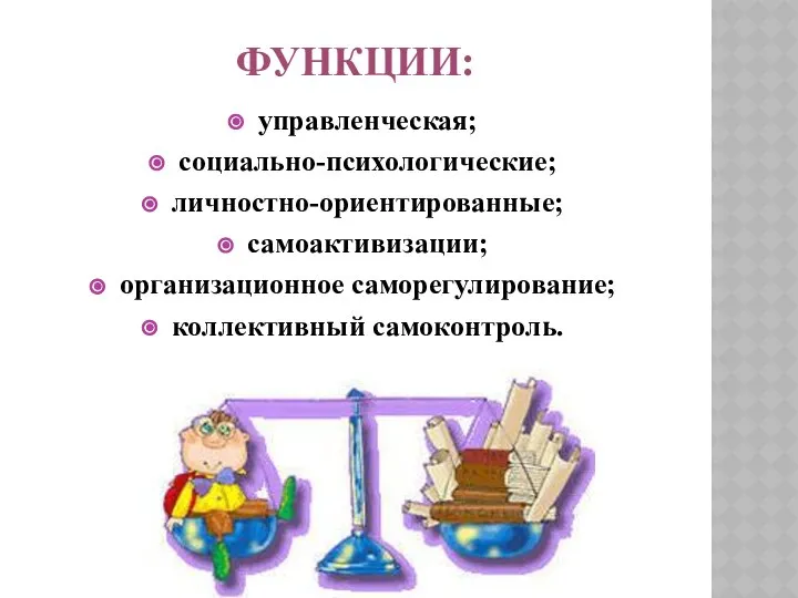 Функции: управленческая; социально-психологические; личностно-ориентированные; самоактивизации; организационное саморегулирование; коллективный самоконтроль.