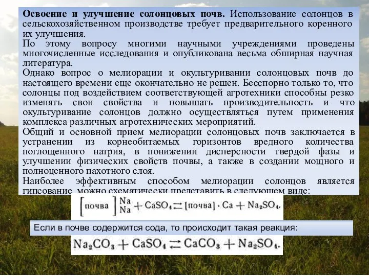 Освоение и улучшение солонцовых почв. Использование солонцов в сельскохозяйственном производстве требует