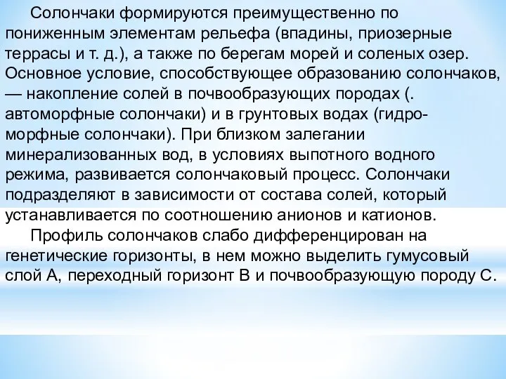 Солончаки формируются преимущественно по пониженным элементам рельефа (впадины, приозерные террасы и